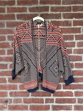 Anthropologie Moth Open-Front Geometric Knit - Navy, Cream & Coral
